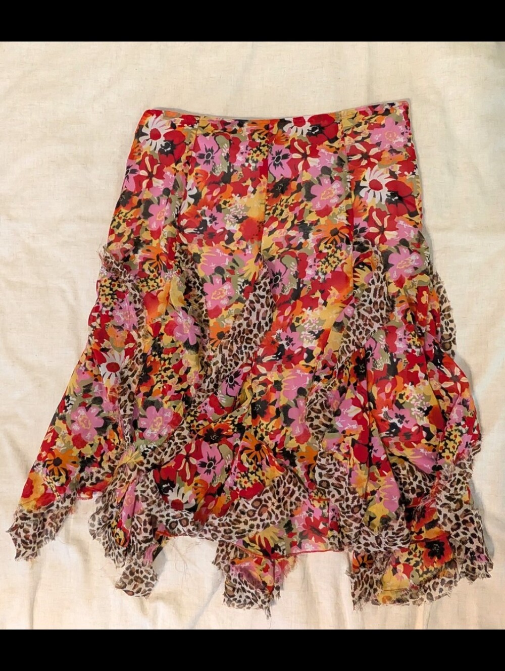 Mix Nouveau Y2K Floral Leopard Print Handkerchief Midi Skirt Size L